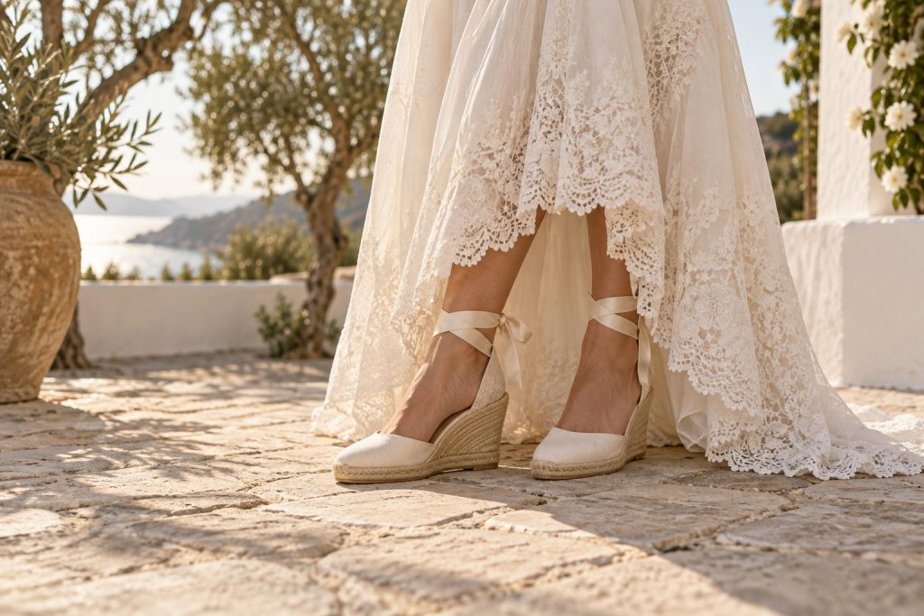 Alpargatas marfil de cuña y cintas al tobillo bajo un vestido de novia con encaje