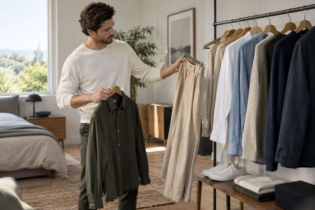 Selección de camisas, pantalones y prendas de punto para hombre