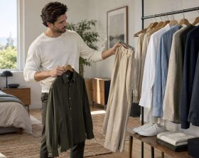 Selección de camisas, pantalones y prendas de punto para hombre